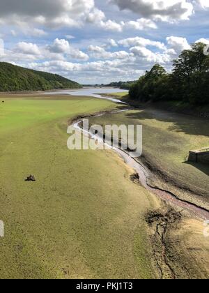 Leeds, England. 13. September 2018. Wasserstand niedrig bleiben bei Lindley Reservoir in der Washubrn Tal, außerhalb der Ballungsräume Leeds/Bradford nach einem heißen Sommer. Lindley ist nur einer von einer Reihe von Stauseen in der Washburn Tal, das Wasser zu größeren Orten und Städten in der Umgebung. credit David Hickes/Alamy Leben Nachrichten. Stockfoto