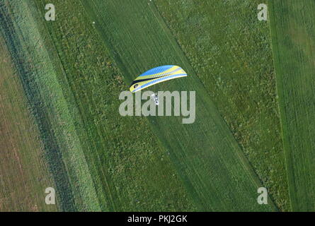 Hängegleiter (Paragliding) in der Luft fliegt über grünes Feld, Ansicht von über ihm, wunderschönen sonnigen Tag. Stockfoto