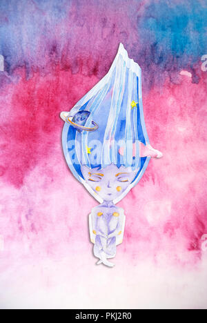 Aquarell Cosmic Girl fantasy wonam Raum junges Mädchen mit Planeten in Haar Charakter zeichnen Abbildung geometrische clip art für Geburtstag drucken Stockfoto