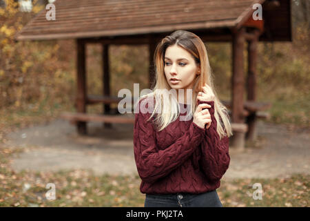 Modische schöne blonde Frau in einem stilvollen vintage Strickpullover in der Natur in der Nähe von einem Holzhaus Stockfoto