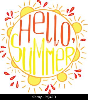 Einzigartige Abbildung mit einer handgezeichneten Schriftzug für den Sommer. Hallo, Sommer in den runden Rahmen. Stock Vektor
