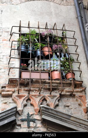 Italien, die historische und schöne Stadt Bergamo in der Lombardei, Italien.. Eisenarbeiten um ein altes Fenster mit kunstvoll geschnitztem Mauerwerk. Die Altstadt. Stockfoto