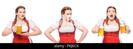 Oktoberfest Kellnerin im traditionellen bayerischen Kleid mit hellen Bier in drei verschiedenen Positionen auf weißem Hintergrund Stockfoto