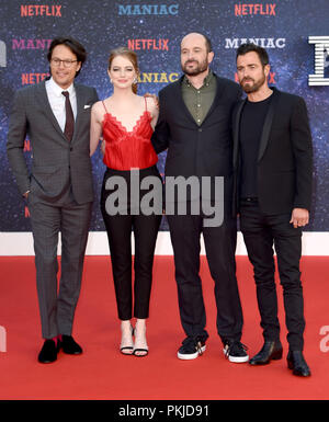 Foto muss Gutgeschrieben © Alpha Presse 079965 13/09/2018 Cary Joji Fukunaga, Emma Stone, Patrick Somerville und Justin Theroux in der Maniac Welt TV Premiere gehalten an der Southbank Centre in London. Stockfoto