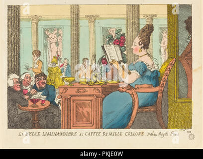 La Belle Limonaudiere au Cafe des Mille Colonnes, Palais Royal, Paris. Stand: 1814. Medium: Handcolorierte Radierung. Museum: Nationalgalerie, Washington DC. Autor: Thomas Rowlandson. Stockfoto