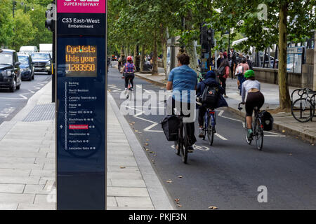 Radfahrer am Cycleway 3, Cycle Route CS3 Counter am Victoria Embankment, London England Großbritannien Stockfoto