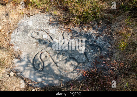 Die Swastika Stein auf Ilkley Moor, West Yorkshire, England, Großbritannien gelegen Stockfoto