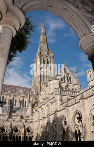 Die Kathedrale von Salisbury durch Torbogen in den Kreuzgängen, Salisbury, Wiltshire, England Stockfoto