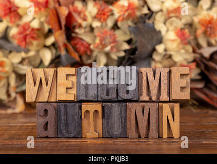 Willkommen Herbst mit Holzblock Schrift und Hintergrund der Herbst Dekoration geschrieben Stockfoto