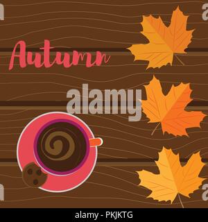 Vector Illustration. Herbst Hintergrund. Gelbe Blätter und eine Tasse Kaffee auf einer hölzernen Hintergrund Stock Vektor