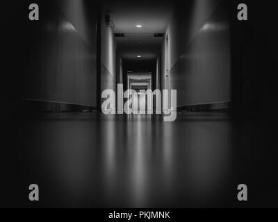 Dunkle geheimnisvolle Flur im Gebäude. Tür zimmer Perspektive in einsamen ruhigen Gebäude mit Licht auf Schwarz und Weiß Stil. Horror. Stockfoto