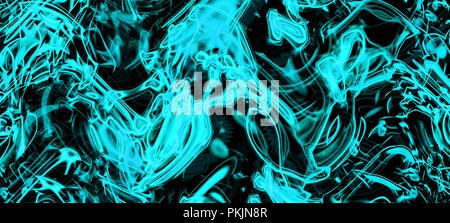 Neon hell Psychedelic leuchtende blaue Flecken und Spritzer Muster. Rauch und Flammen. Moderne abstrakte Darstellung. Wide Format Stockfoto