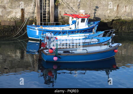 4 kleine blaue Fischereifahrzeuge warten auf den Morgen Ebbe und Flut in der winzigen Fischerhafen und Urlaubsort Annalong, Clifden, Co Antrim vertäut. Stockfoto