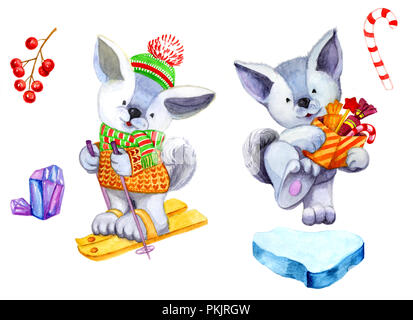 Weihnachten clipart von Aquarell. Setzen Sie das Symbol jahr Hund, Hut auf Skiern, mit Geschenken. Scholle, Mountain Ash auf einem Zweig. Muster für Weihnachten Design Stockfoto
