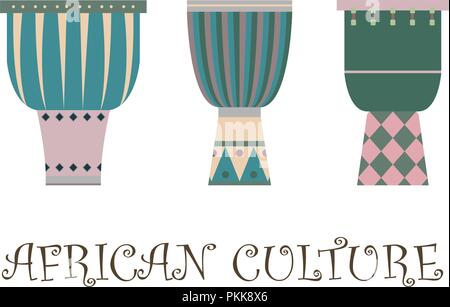 Satz von drei traditionellen afrikanischen Trommeln auf einem weißen Hintergrund. Stock Vektor
