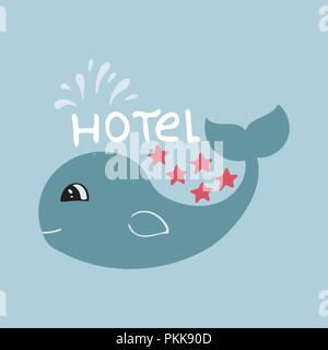 Banner für 5 Sterne Hotel mit niedlichen Hand gezeichnete Wal. Stock Vektor