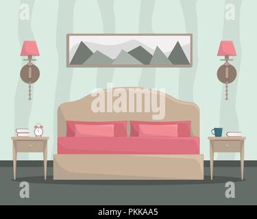 Vektor flachbild Abbildung: Schlafzimmer mit Doppelbett und Nachttischen in blau und rosa Farben. Stock Vektor