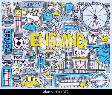 Die handgezeichneten doodle Vektor Plakat mit Sehenswürdigkeiten und Symbole von England. Stock Vektor