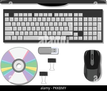 Flachbild mit Schreibwaren auf dem Tisch mit Computer. Stock Vektor