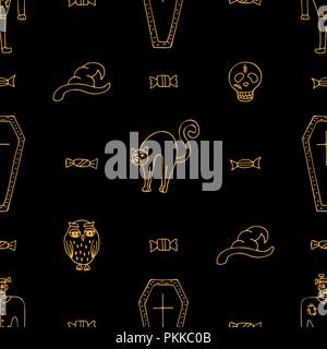 Handgezeichneten Halloween schwarz nahtlose Muster mit orange doodles. Stock Vektor
