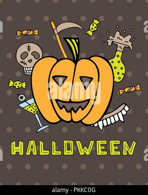 Halloween Grußkarten mit Kürbis und Symbole einer Ferienwohnung. Stock Vektor