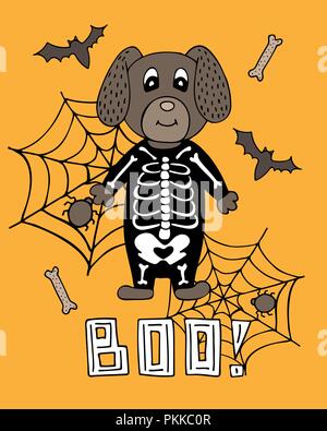 Niedlich Poster mit einem Schriftzug für Halloween. Hund in ein Skelett. Stock Vektor