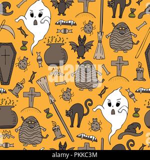 Handgezeichneten Halloween bunte nahtlose Muster mit doodles. Stock Vektor