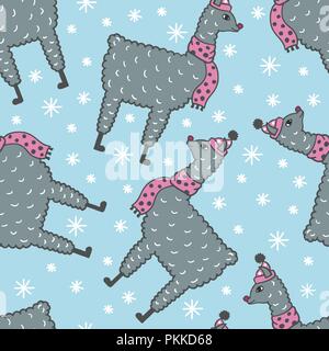 Cute handgezeichnete nahtlose Muster eines Lamas in eine Mütze und einen Schal. Blauer Hintergrund mit Schneeflocken. Stock Vektor