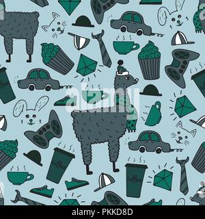 Cute handgezeichnete nahtlose Muster eines Lamas in eine Mütze und einen Schal. Handgezeichneten sanfte Bilder. Stock Vektor