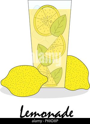 Die sanfte gezeichnet Abbildung: ein Glas mit Limonade und Zitronen auf weißem Hintergrund. Stock Vektor