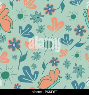 Nahtlose Muster mit Abstrakte Blumen und Schmetterlinge. Stock Vektor