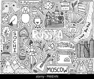 Hand gezeichnete Schwarzweiß doodle Plakat mit Russischen Sehenswürdigkeiten und Symbole. Stock Vektor