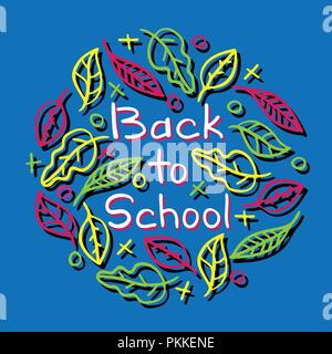Handgezeichneten Schriftzug - Zurück in die Schule, mit Blättern und Tic-tac-toe. Stock Vektor