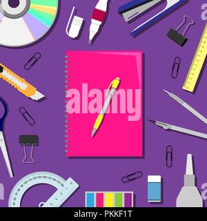 Flach Vector Illustration mit einem Notebook und Schreibwaren. Stock Vektor