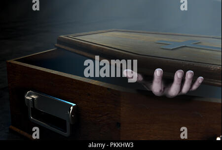 Eine leicht öffnen leer Holzsarg mit einer Hand, die sich auf einen dunklen bedrohlichen Hintergrund - 3D-Rendering Stockfoto
