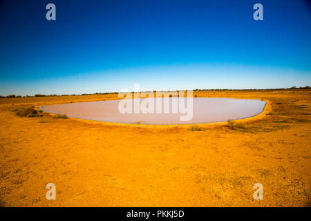 Australische Outback Landschaft mit kleinen Damm mit schlammigen Wasser durch karge roten Ebenen ausdehnen zu Horizont unter blauem Himmel in NSW umgeben Stockfoto