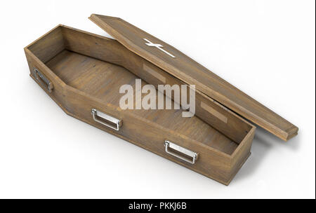 Eine leicht öffnen leer Holzsarg mit einem Kruzifix und Griffe aus Metall auf einem isolierten weißen studio Hintergrund - 3D-Rendering Stockfoto