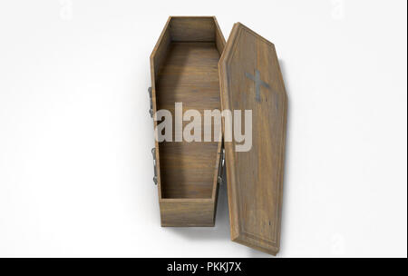 Eine leicht öffnen leer Holzsarg mit einem Kruzifix und Griffe aus Metall auf einem isolierten weißen studio Hintergrund - 3D-Rendering Stockfoto