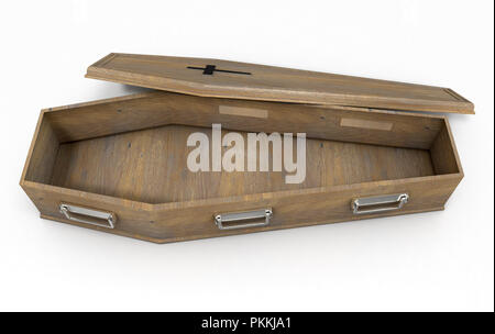 Eine leicht öffnen leer Holzsarg mit einem Kruzifix und Griffe aus Metall auf einem isolierten weißen studio Hintergrund - 3D-Rendering Stockfoto