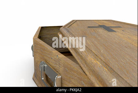 Eine leicht öffnen leer Holzsarg mit einem Kruzifix und Griffe aus Metall auf einem isolierten weißen studio Hintergrund - 3D-Rendering Stockfoto