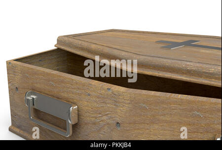 Eine leicht öffnen leer Holzsarg mit einem Kruzifix und Griffe aus Metall auf einem isolierten weißen studio Hintergrund - 3D-Rendering Stockfoto