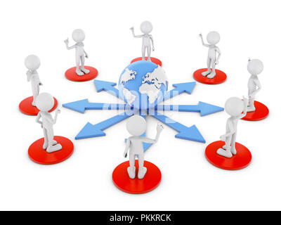 Globus mit Pfeilen und gesichtslosen kleinen Männer. 3D-Rendering. Stockfoto