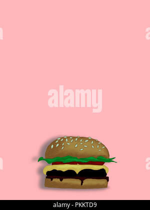 Abbildung: Eine farbige Hand gezeichnet Burger auf einem Pastell rosa Hintergrund Stockfoto