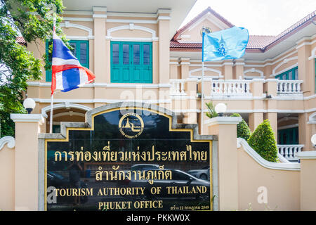 Die Stadt Phuket, Thailand - 6. August 2018: Amt der Tourismusbehörde von Thailand. Das Büro ist in der Stadt Phuket. Stockfoto