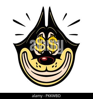 Vintage Toons: vintage Zeichentrickfigur lächelnd gierige Katze mit Geld Dollarzeichen in den Augen Verkauf einfach Geld Gewinn emoji Vector Illustration Stock Vektor