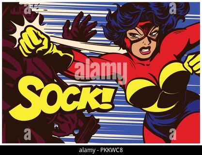 Pop Art Comic panel mit Superheldin kämpft, Werfen und Schlagen supervillain Vektor poster Abbildung Stock Vektor