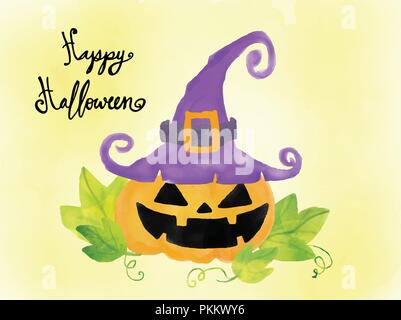 Happy Halloween card, Aquarell Elemente Kürbis trägt Hexenhut Stock Vektor