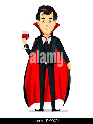Happy Halloween. Vampire Zeichentrickfigur mit schwarzen und roten Cape holding Glas mit Blut. Verwendbar für Einladung, Plakat, Flyer, Grußkarten. V Stock Vektor