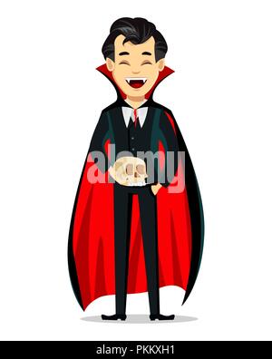 Happy Halloween. Vampire Zeichentrickfigur mit schwarzen und roten Cape holding Schädel. Verwendbar für Einladung, Plakat, Flyer, Grußkarten. Vektor illus Stock Vektor
