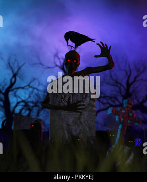 Ein untoter Holding einen Grabstein in der Nacht in der Umgebung von schwarzen Katzen und eine Krähe auf seinem Kopf, konzeptionellen Hintergrund für Halloween, 3D-Darstellung Stockfoto